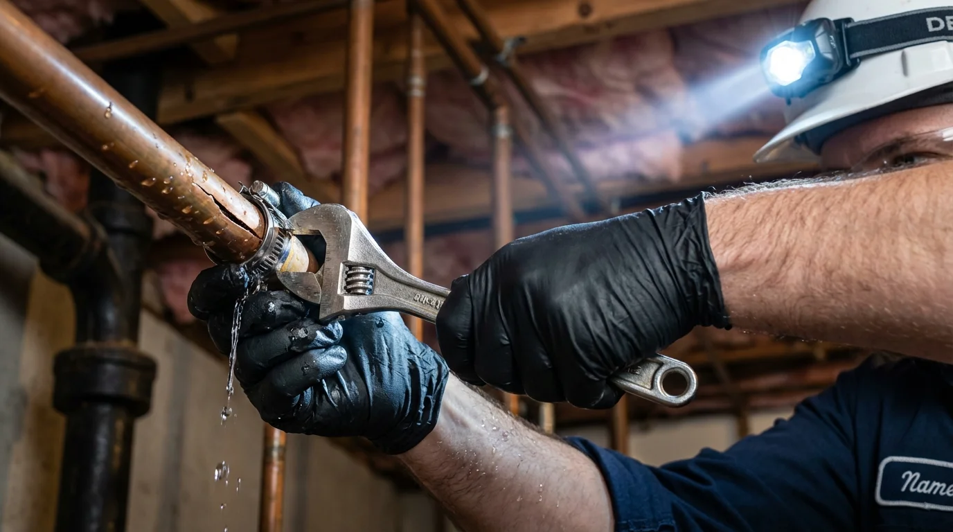 Emergency pipe clamp repair being performed by a Johns Plumbing LLC plumber in Oregon