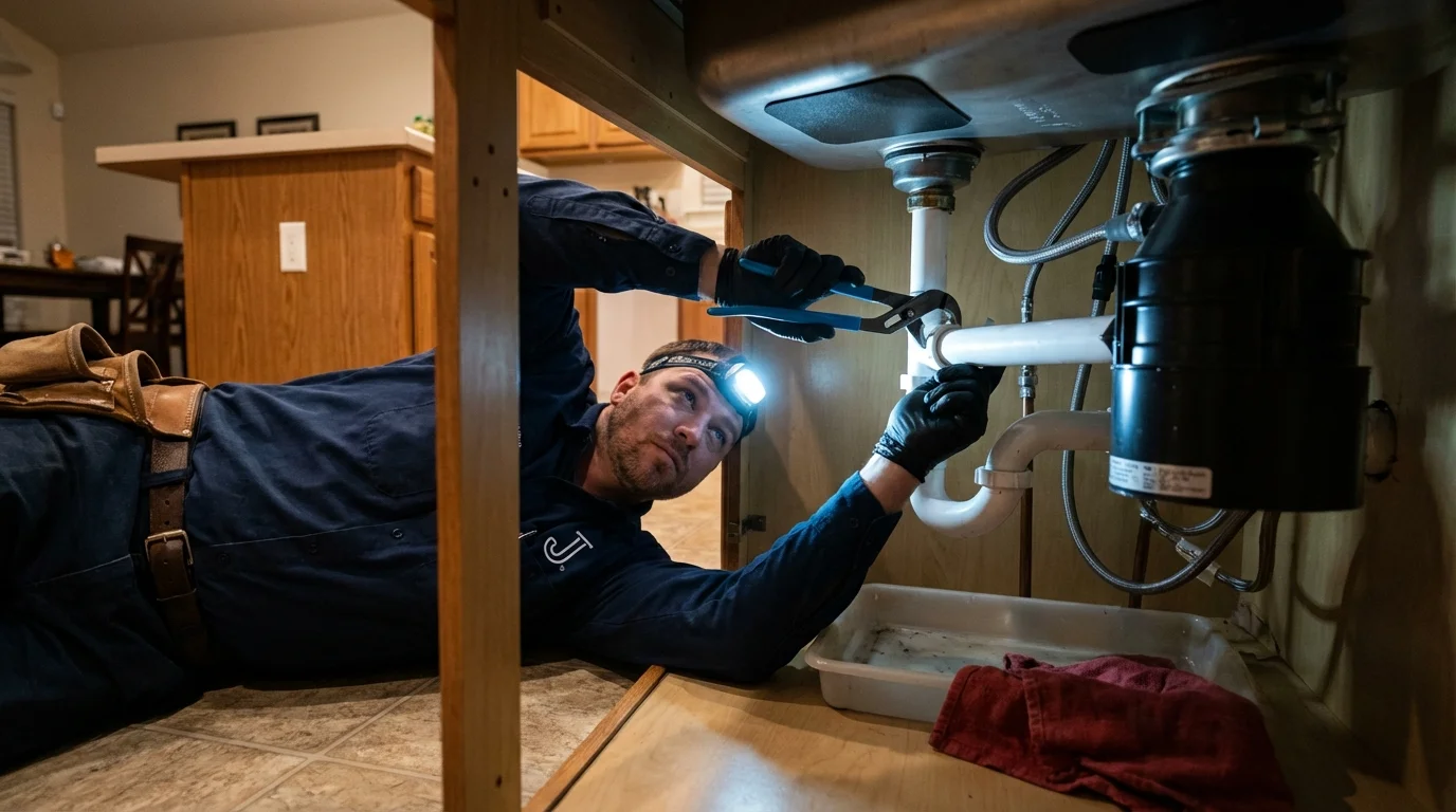 P-trap and supply line connections under a kitchen sink showing a common leak point in Oregon, MO